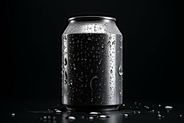 Metallic can with water droplets on dark backdrop. Generative AI