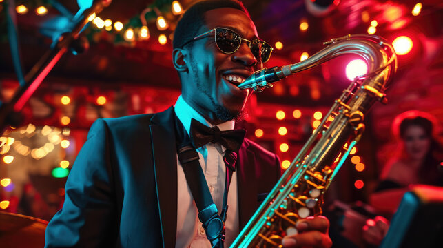 Stylish man dressed in tuxedo playing saxophone. This image can be used to depict elegance, music, live performances, jazz, or musician in action