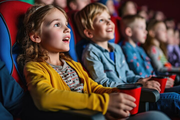 Fototapeta premium Group of children engrossed in watching movie in theater. Suitable for various uses