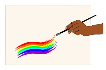 Hand holding brush and painting rainbow stroke. Hand drawn pride month LGBT flag. Peoples rights movement, diversity love concept. Colorful Vector illustration isolated on white background.