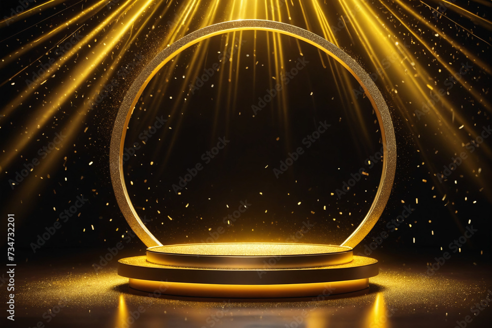 Aufkleber abstract empty golden award platform with neon glowing round frame and rays, glitter confetti sparkl