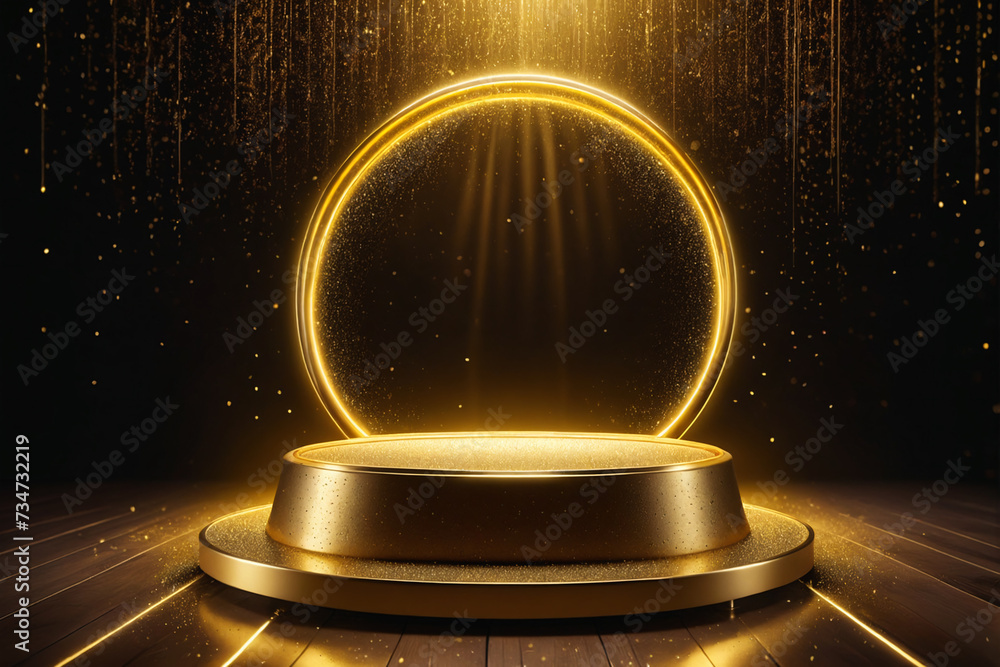 Aufkleber Abstract empty golden award platform with neon glowing round frame and rays, glitter confetti sparkle rain falling from above