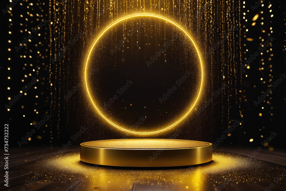 Poster Abstract empty golden award platform with neon glowing round frame and rays, glitter confetti sparkle rain falling from above
