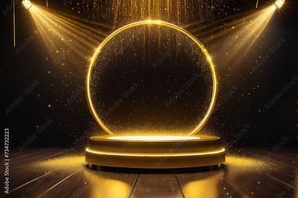 Aufkleber abstract empty golden award platform with neon glowing round frame and rays, glitter confetti sparkl
