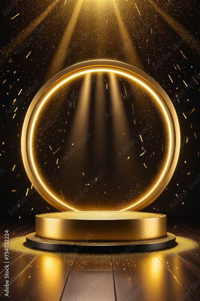 Poster Abstract empty golden award platform with neon glowing round frame and rays, glitter confetti sparkle rain falling from above