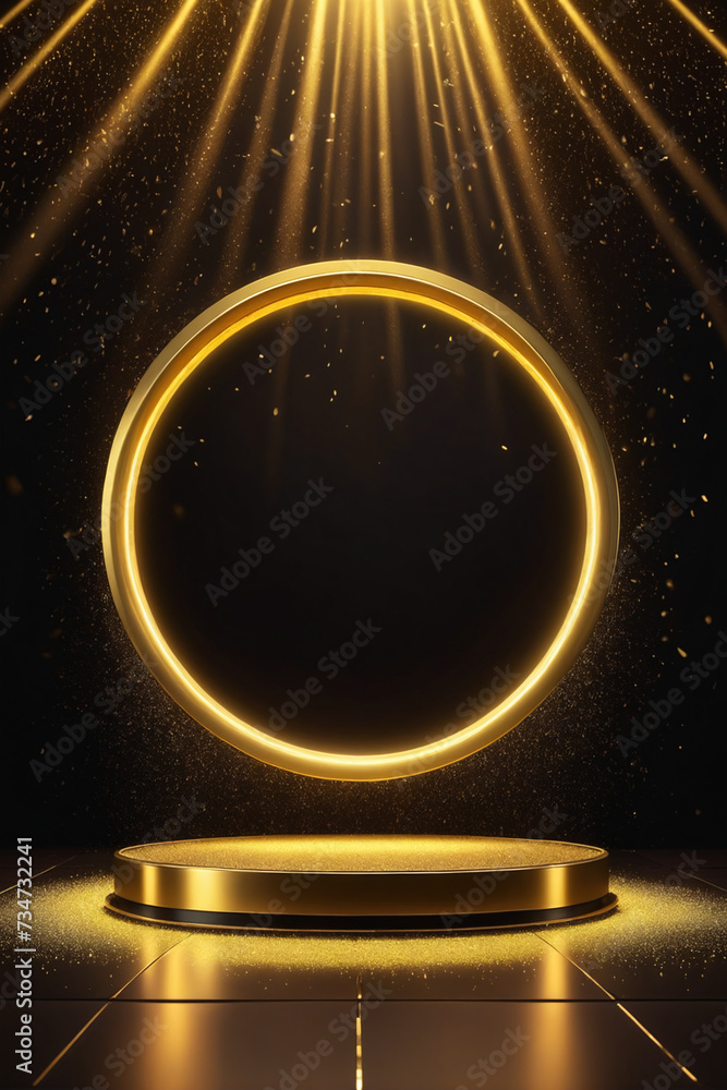 Poster abstract empty golden award platform with neon glowing round frame and rays, glitter confetti sparkl