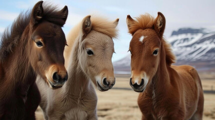 Three horses standing together. Suitable for various equestrian themes and farm-related projects