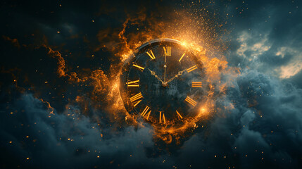 Clock on fire, time burning away. Representation of time's transience - obrazy, fototapety, plakaty