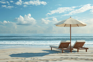 Lounge chairs and umbrella set up on sandy beach. Perfect for relaxing and enjoying sun. Ideal for travel brochures and vacation advertisements