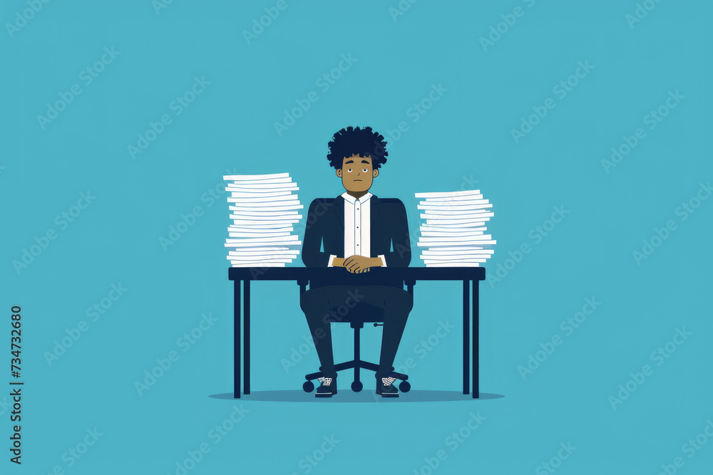 Poster man is sitting at desk surrounded by stacks of papers. this image can be used to depict busy work en
