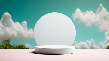 Serene scene with empty podium for display or product showcase with soft sky, fluffy clouds, and nature accents, IA generated