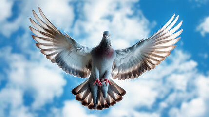 as free as a bird, Freedom, pigeon with outstretched wings flies against a blue sky with fluffy clouds
