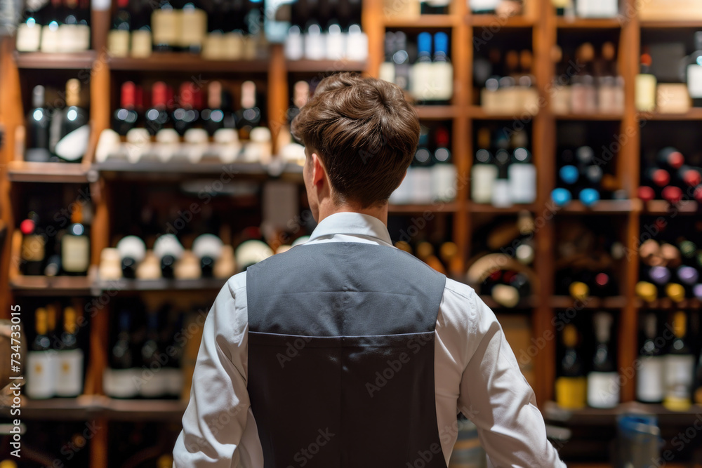 Poster man standing in front of shelf filled with various wine bottles. this image can be used to illustrat