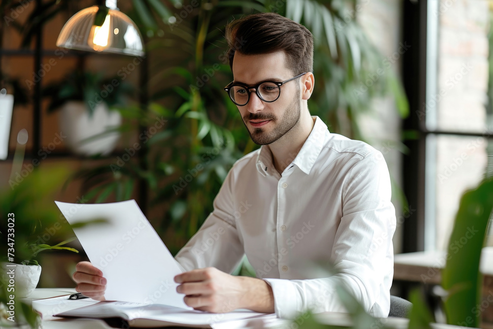 Aufkleber man is sitting at table, holding piece of paper. this image can be used to represent concepts such a