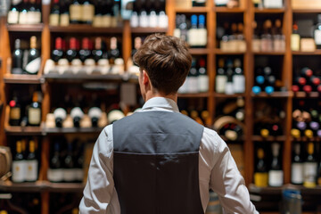 Man standing in front of shelf filled with various wine bottles. This image can be used to illustrate wine tasting, wine selection, or wine connoisseurship