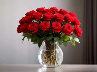 Vase of red roses in a glass with white background