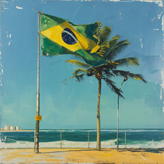Brazilian flag under a clear sky, showcasing the radiant yellow and deep green tones