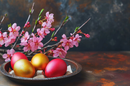 Three eggs in bowl with flowers in background. Can be used for Easter or spring-themed designs