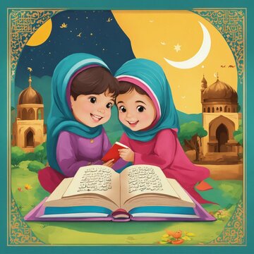 Two little girls on Eid UL Fiter ,logo with an Islamic tale theme for kids, cheerful and bright colors related to books, education and children