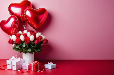 bouquet of roses, balloons and boxes with gifts. Generative AI