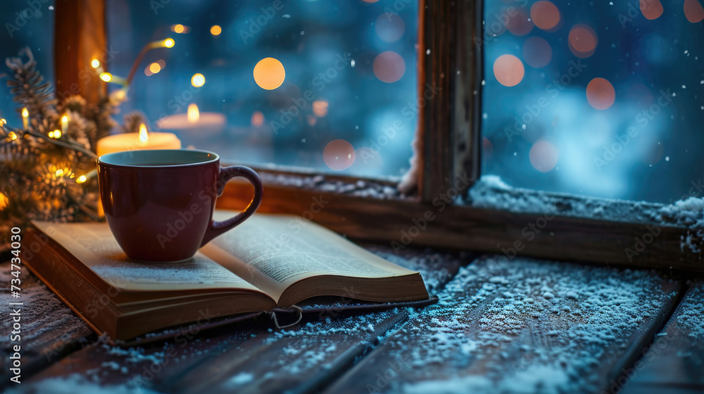 Poster cup of coffee and book resting on window sill. perfect for cozy and relaxed vibes. ideal for use in 