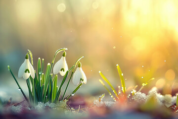 Bunch of snowdrops in snow. Perfect for winter-themed designs