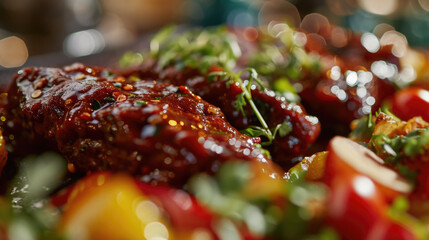 Mouthwatering close-up of plate filled with selectable assortment of meat and vegetables. Perfect for food enthusiasts and restaurant promotions
