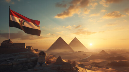 Egyptian flag elegantly displayed against ancient pyramids - obrazy, fototapety, plakaty