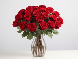 Vase of red roses in a glass with white background