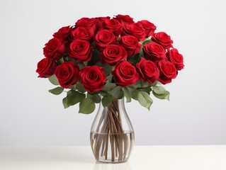 Fototapeta premium Vase of red roses in a glass with white background