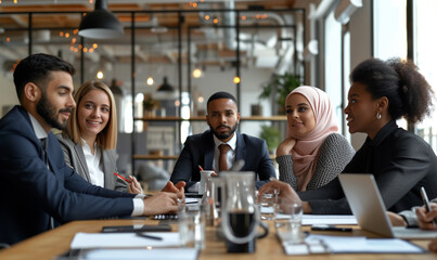 Multiethnic team planning a project together in the office conference room.