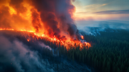 Fictitious aerial photo shows a forest fire. A coniferous forest is burning, leaving a trail of ash and tree stumps in its wake. Thick clouds of smoke form.