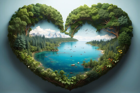Nature-loving representation of a heart-shaped ecosystem isolated on a grey background.