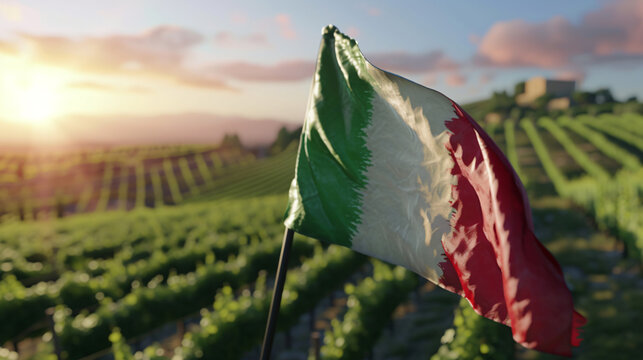 Italian tricolor gently unfurling against a pristine vineyard, emphasizing the green, white, and red colors