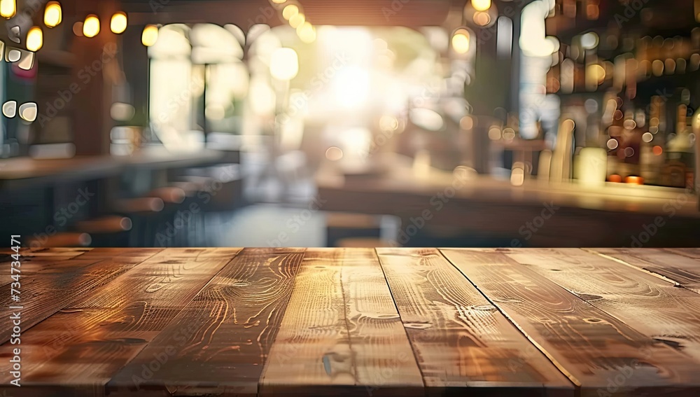 Poster Wooden table stands empty invitingly set softly blurred background captures essence of relaxed yet stylish interior table surface illuminated by warm diffused light awaits placement of products