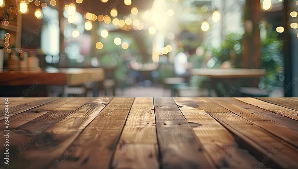 Poster Wooden table stands empty invitingly set softly blurred background captures essence of relaxed yet stylish interior table surface illuminated by warm diffused light awaits placement of products