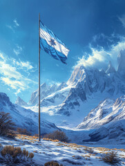 Argentine flag gently waving in the wind against the backdrop of the mountains