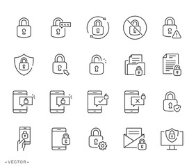 Privacy locks icon collection, Password, circular arrows, shield, Data protection and Cyber security, phone, personal information protection, thin line symbol eps 10 vector illustration