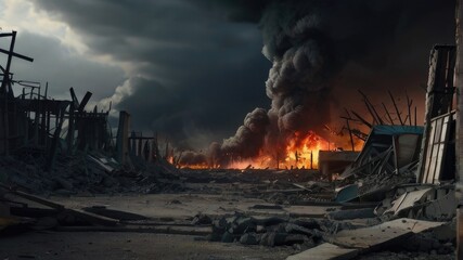 warzone with destroyed building fire and bombing