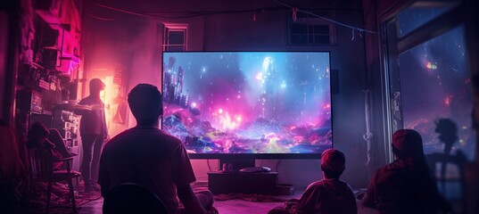Gamer playing online gaming competition in front of computer neon screen display. AI generated image