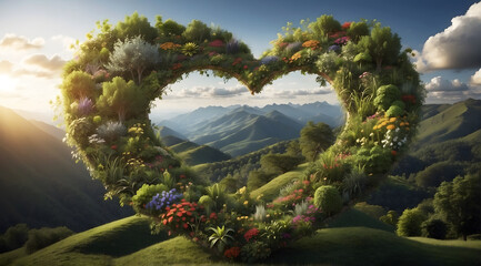 Heart-shaped homage to biodiversity with a beautiful natural background. - obrazy, fototapety, plakaty