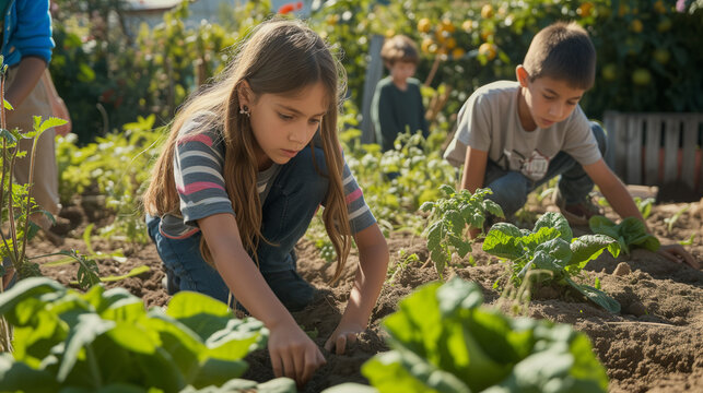 Young smiling girl working at garden and digging out fresh green lettuce, garden expert is teaching group of teenage student.
