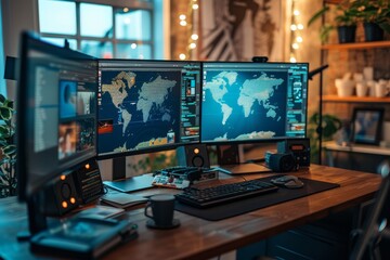 A well-equipped workstation with multiple screens displaying global data maps.