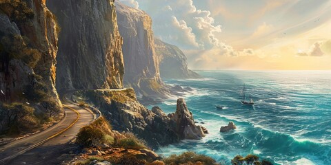 A coastal highway with sheer cliffs on one side and a turquoise ocean on the other, as the sun rises over the water - Powered by Adobe