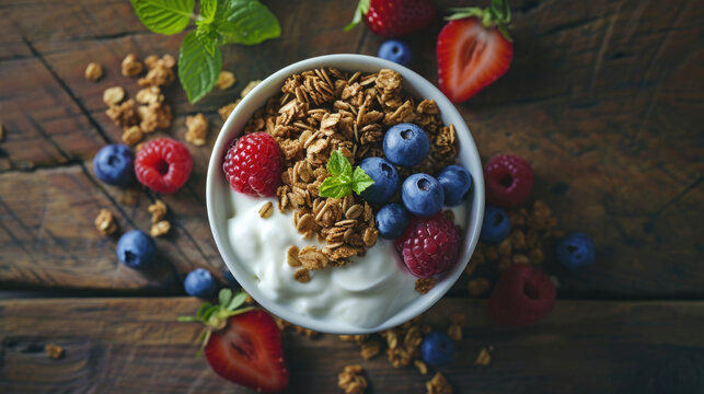 Delicious bowl of yogurt and fresh berries displayed on rustic wooden table. Perfect for promoting healthy lifestyle or illustrating nutritious breakfast option