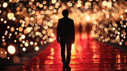 Man is seen walking down red carpet that is covered in vibrant lights. This image can be used to...