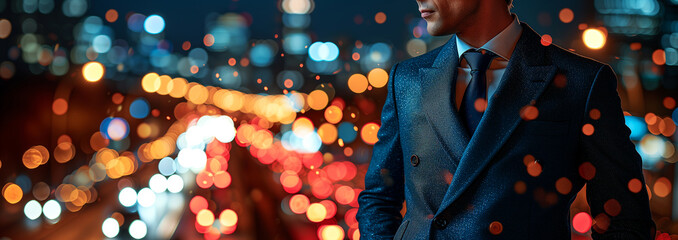 Businessman wearing a black suit standing with a blurred bokeh background.