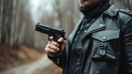 Fototapeta premium Man wearing leather jacket holds gun. This image can be used to depict crime, danger, or law enforcement