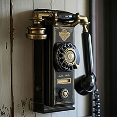 Vintage Black and Gold Wall-Mounted Rotary Dial Telephone