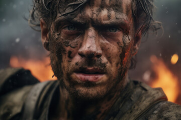 Determined man with face covered in mud against fiery backdrop. Survival and endurance.